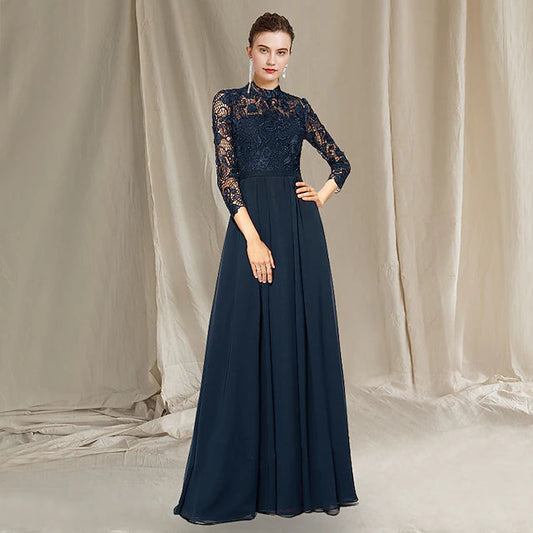 A-Line Mother of the Bride Dress Elegant High Neck Floor Length Chiffon Lace Short Sleeve