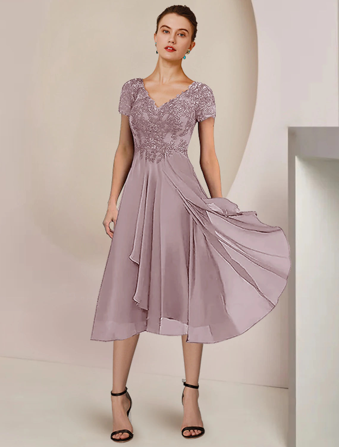 Two Piece A-Line Mother of the Bride Dress Formal Wedding Guest Elegant V Neck Asymmetrical Tea Length Chiffon Lace Short Sleeve Wrap Included with Pleats