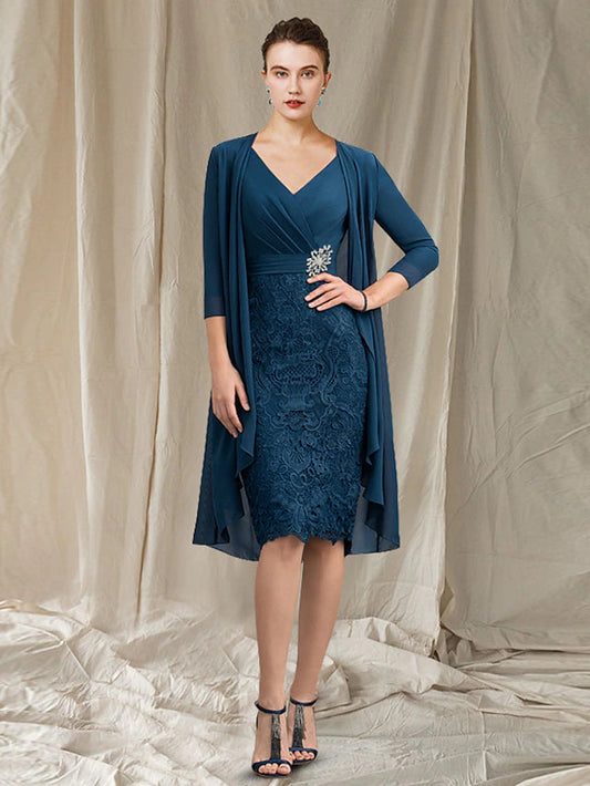 Two Piece Sheath / Column Mother of the Bride Dress Church Elegant V Neck Knee Length Chiffon Lace Half Sleeve Jacket Dresses with Appliques Crystal
