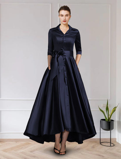 A-Line Mother of the Bride Dress Wedding Guest Elegant High Low Jewel Neck Asymmetrical Satin Short Sleeve with Pleats